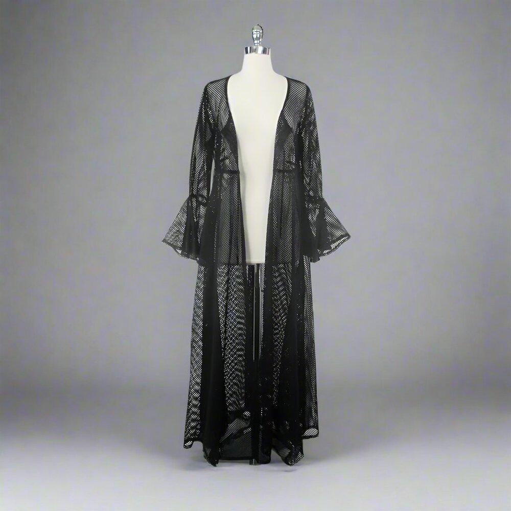 Vintage 90s Black Mesh Duster Robe XL